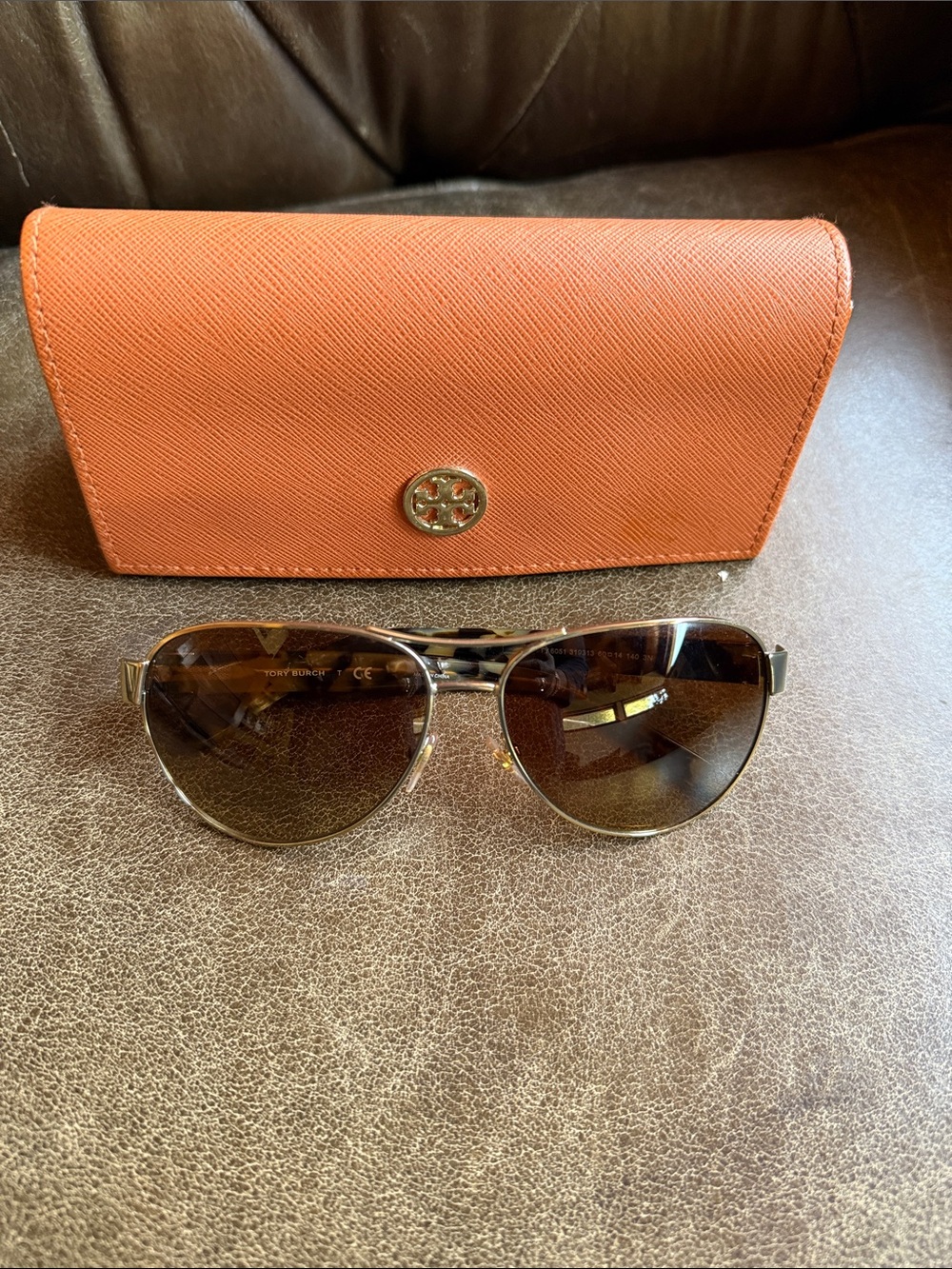 Tory Burch Brown Aviator Sunglasses with Orange Case